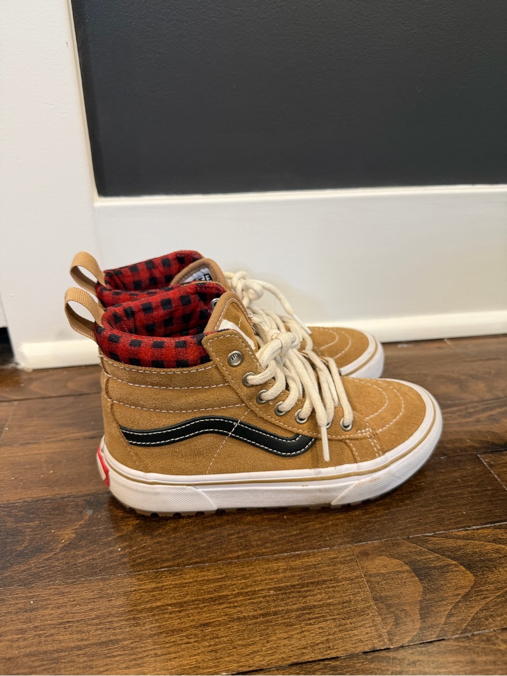 Vans Kids High-Top Sneakers in Tan with Black Stripe and Red Plaid Collar